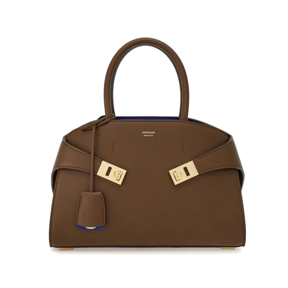 Salvatore Ferragamo Taupe Leren Handtas met Gancini Slot Brown Dames