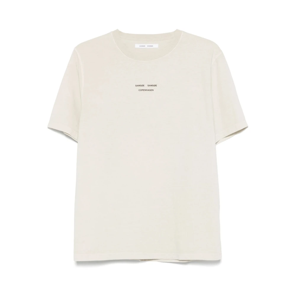 Samsøe Ecru Logo Print Crew Neck T-shirt Beige Heren