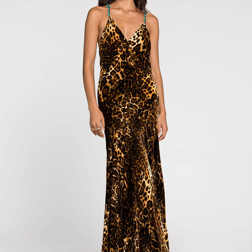 Roberto Cavalli Luipaardprint Slipjurk met Gedrapeerd Sleep Brown Dames
