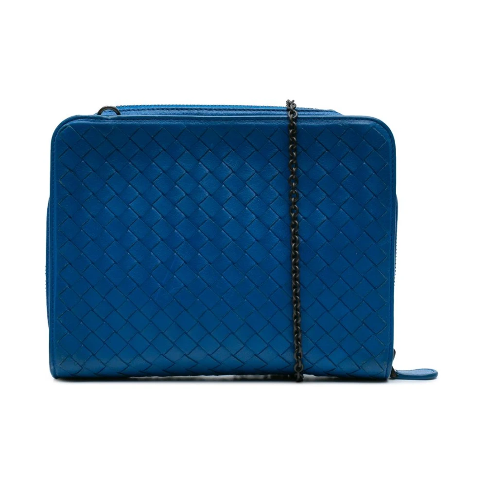 Bottega Veneta Vintage Women's Blue Pre-Owned Woven Leather Wallet Chain Strap