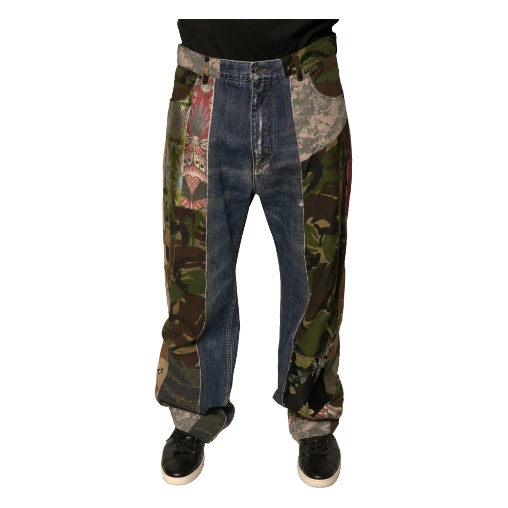 Dolce & Gabbana Men's Blue Patchwork Straight Denim Jeans With Logo
