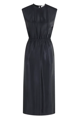 Navy Blue Midi Klänning med Elastisk Midja