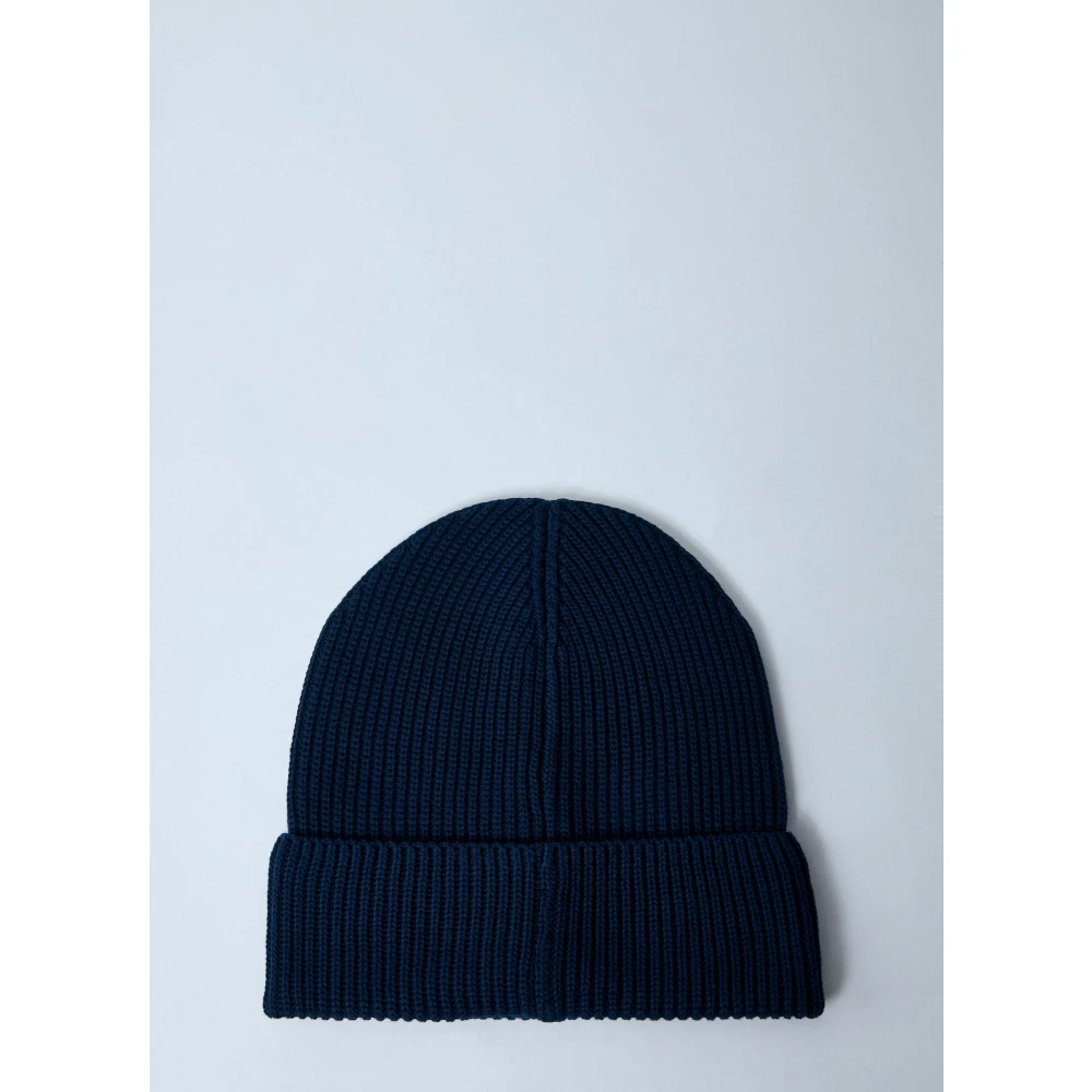 Moncler Logo Patch Beanie Hat van katoenbreisel Blue Heren