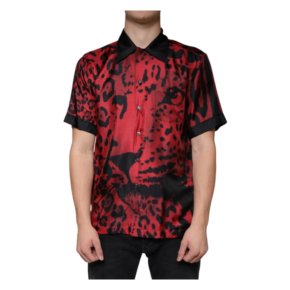 Dolce & Gabbana Men's Red Leopard Silk Button Down Shirt