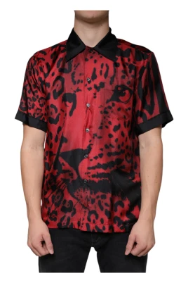 Röd Leopard Silke Button Down Skjorta