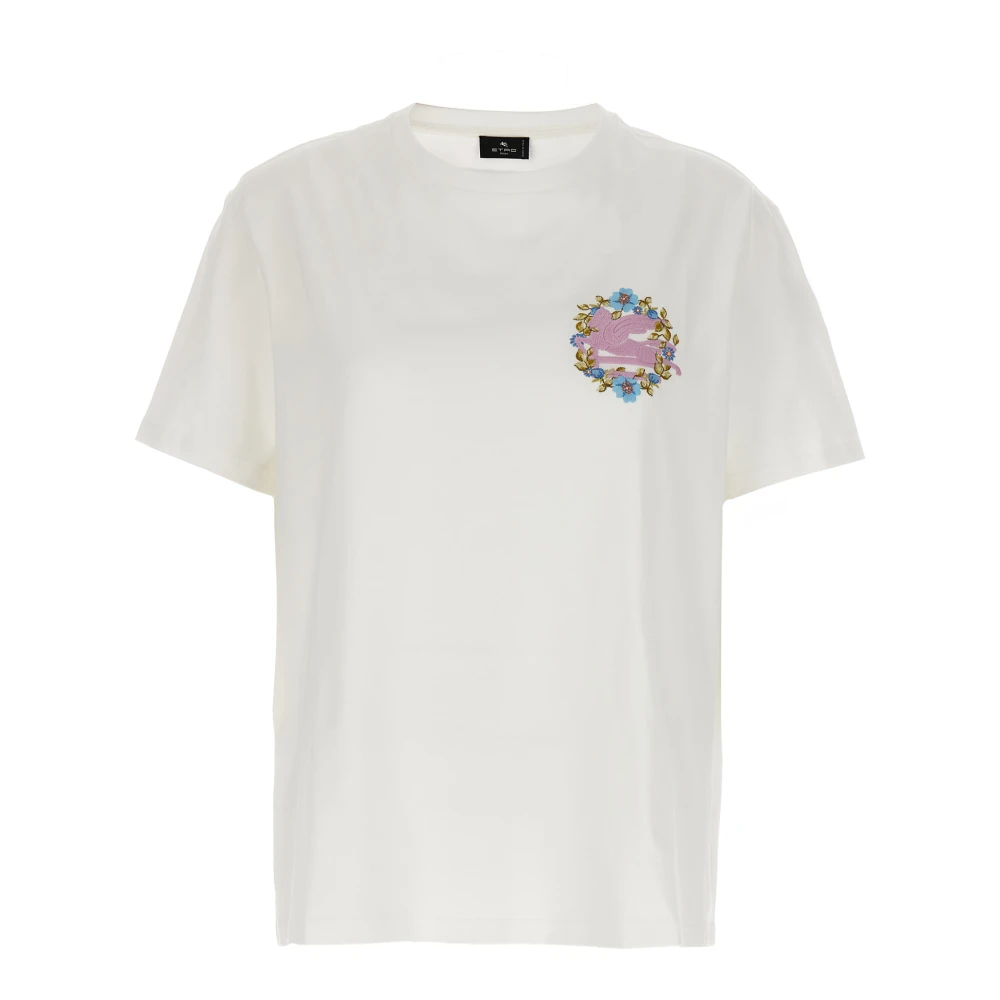 Etro Vrouw Wit Tops Dames, S, Katoen, Logo Embroidery T-Shirt