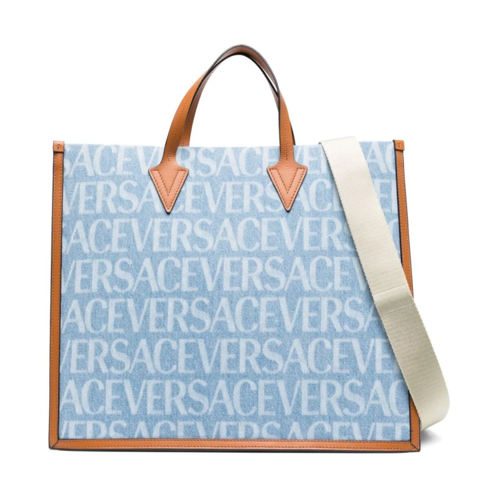 Versace Blue Logo Print Tote Bag - Male - Handbags - One Size - Bags
