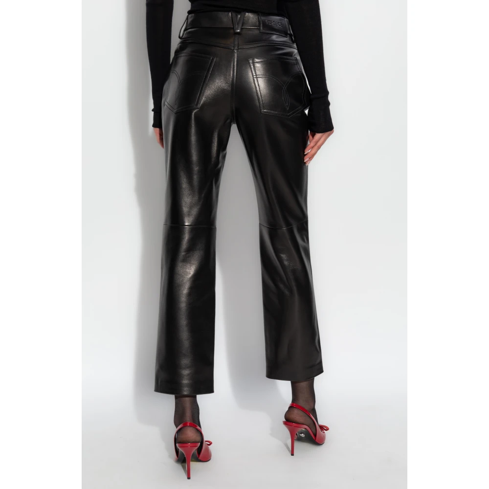 Versace Leren broek met logo Black Dames