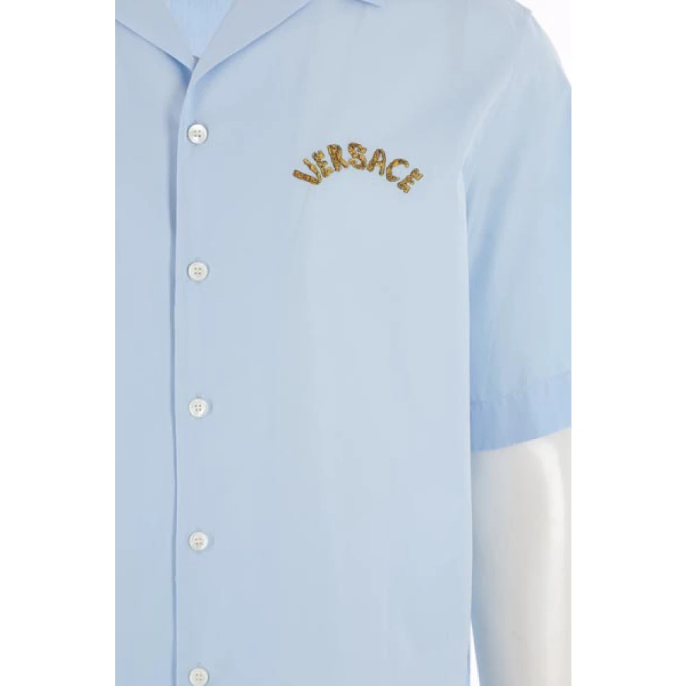 Versace Blauw Bowling Overhemd met Logo Borduursel Blue Heren