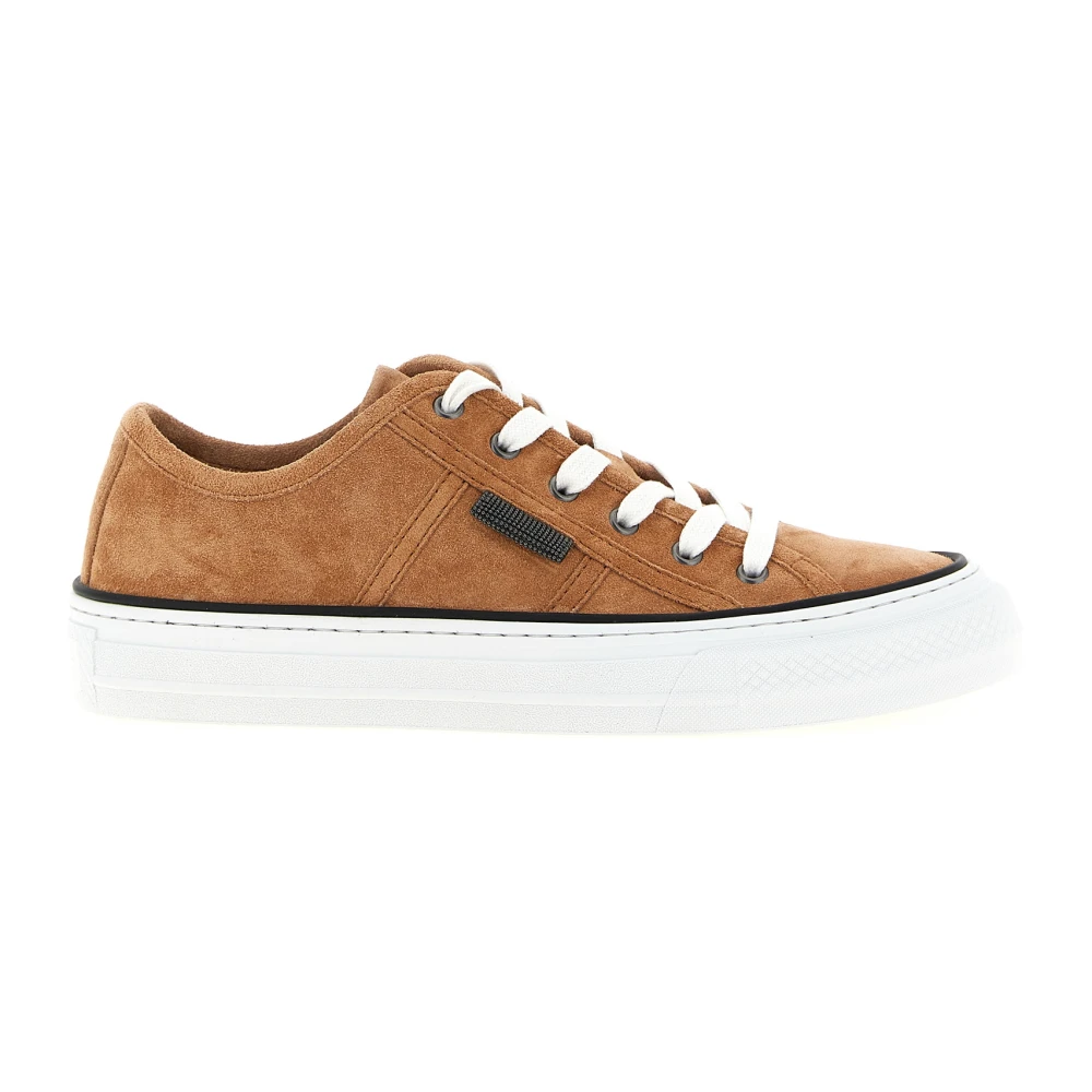 Brunello Cucinelli Shiny Tab Suede Sneakers Dames Schoenen Bruin