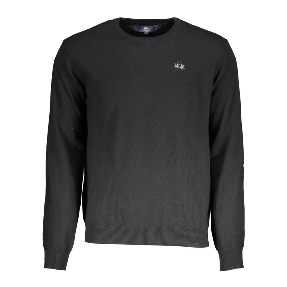 La Martina Men's Black Round-Neck Knitwear,, Wool Embroidered Logo Shirt Medium