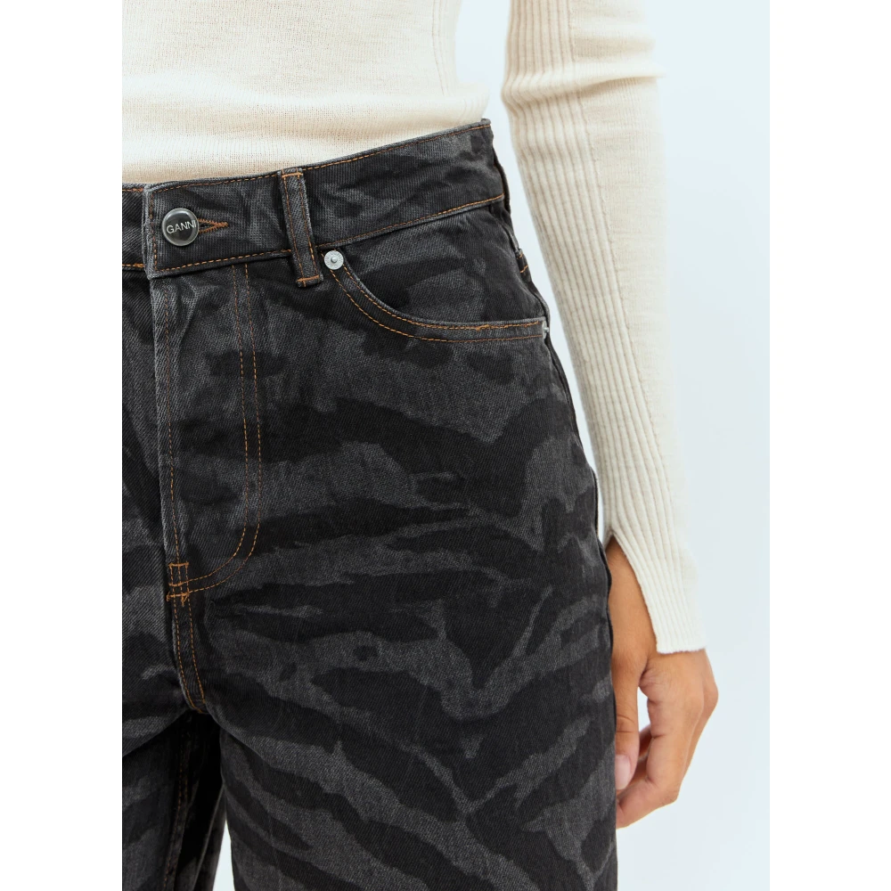 Ganni Animal Print Denim Shorts Black Dames