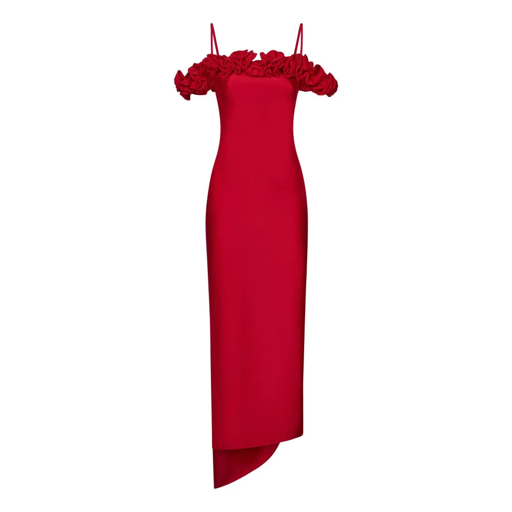Coperni Rode Bloemen Ruche Boot Hals Jurk Red Dames