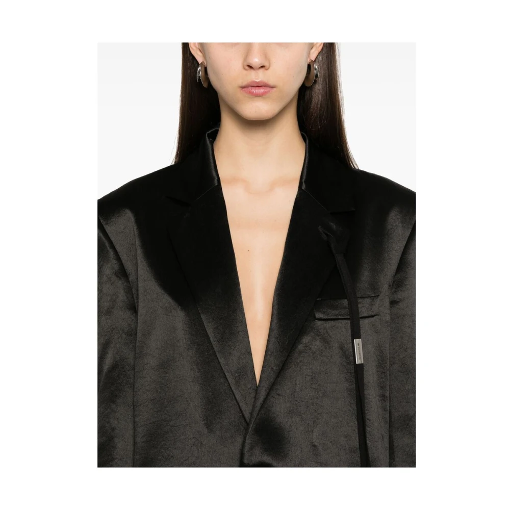 Ann Demeulemeester Zwarte Satijnen Finish Jas met Banddetail Black Dames