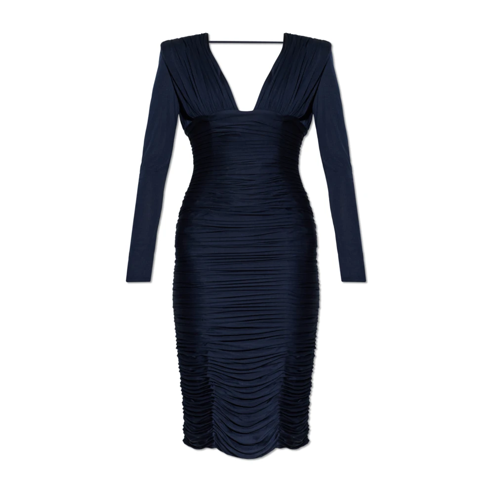 Versace Vrouw Blauw Kleedjes Dames, M, Gedrapeerde Midi-Jurk Van Zijde Crêpe Jersey