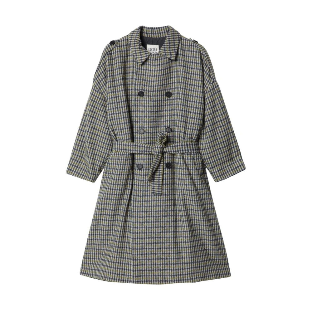 Douuod Girls Beige Double-Breasted Wool-Blend Trench Coat With Check Pattern - Image 2