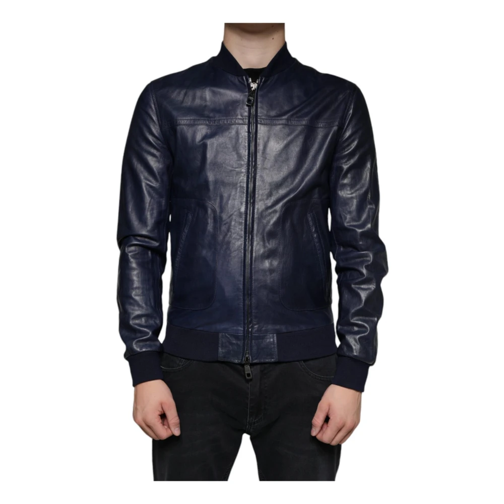 Dolce & Gabbana Blauwe Lamsskin Leren Bikerjack met Logo Blue Heren