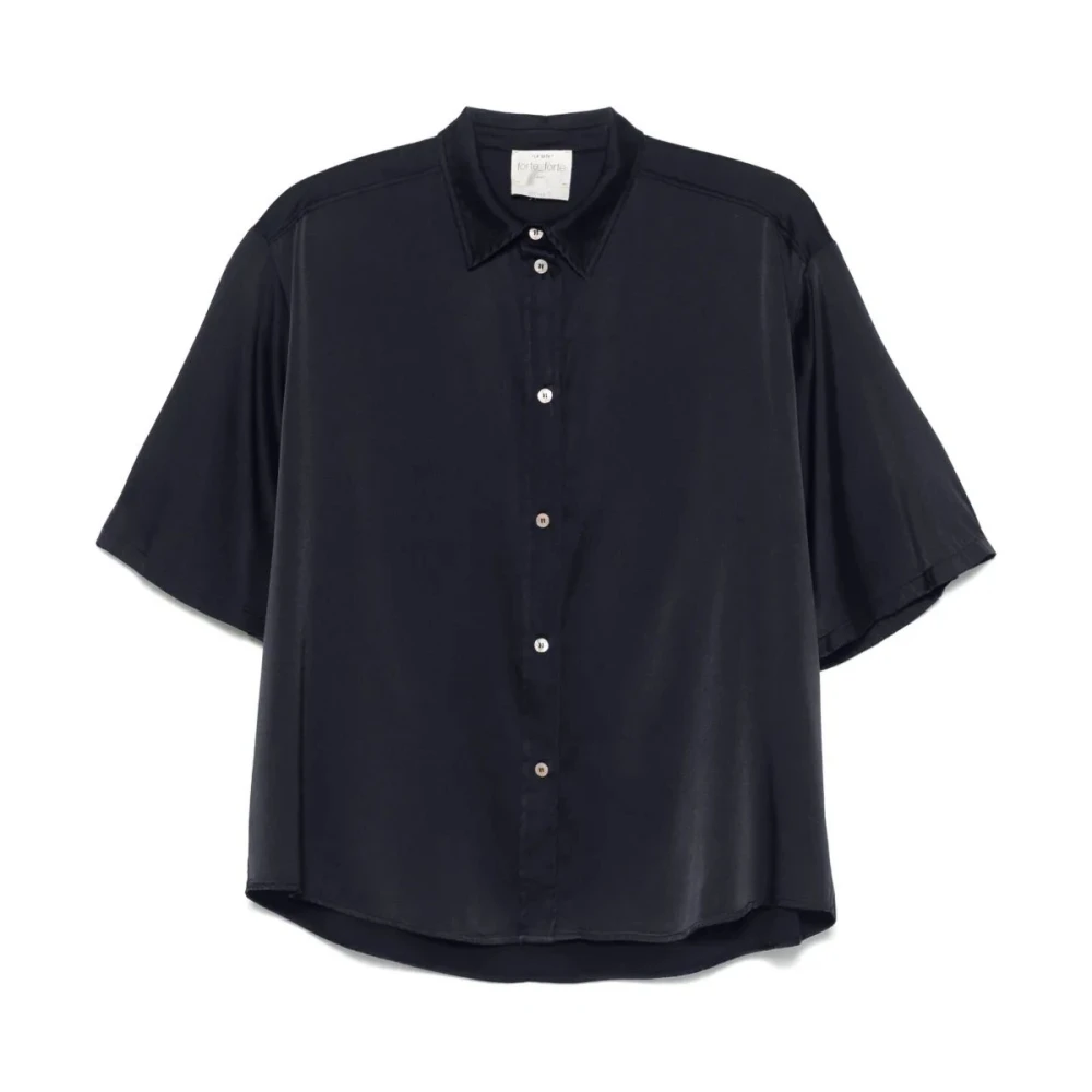 Forte Zijden Satijnen Halve Mouw Blouse Blue Dames