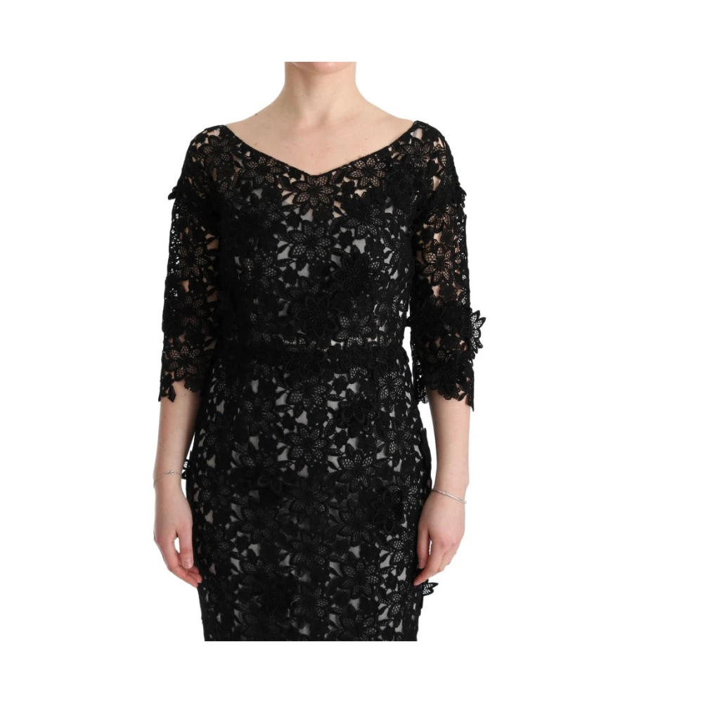 Dolce & Gabbana Elegante Zwarte Maxi Jurk met Bloemenapplicatie Black Dames