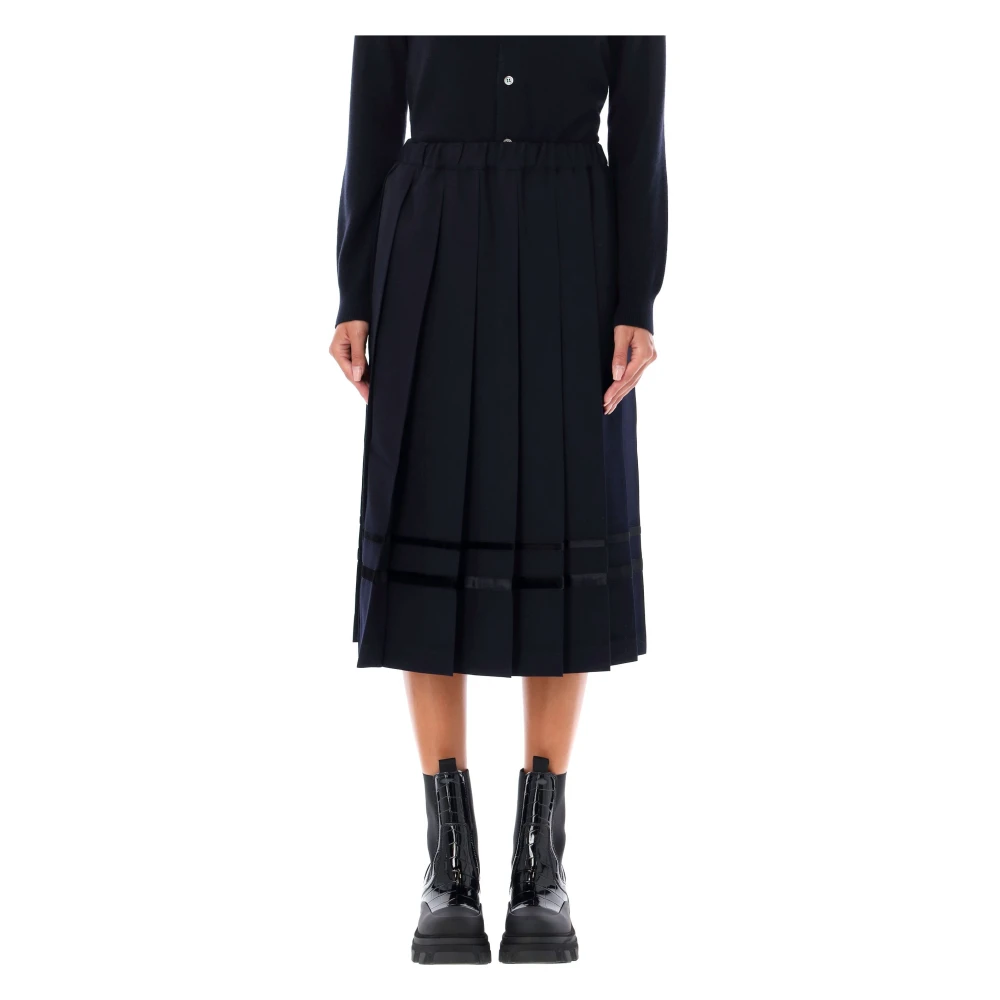 Comme des Garçons Navy Velvet Trim Geplooide Midi Rok Blue Dames