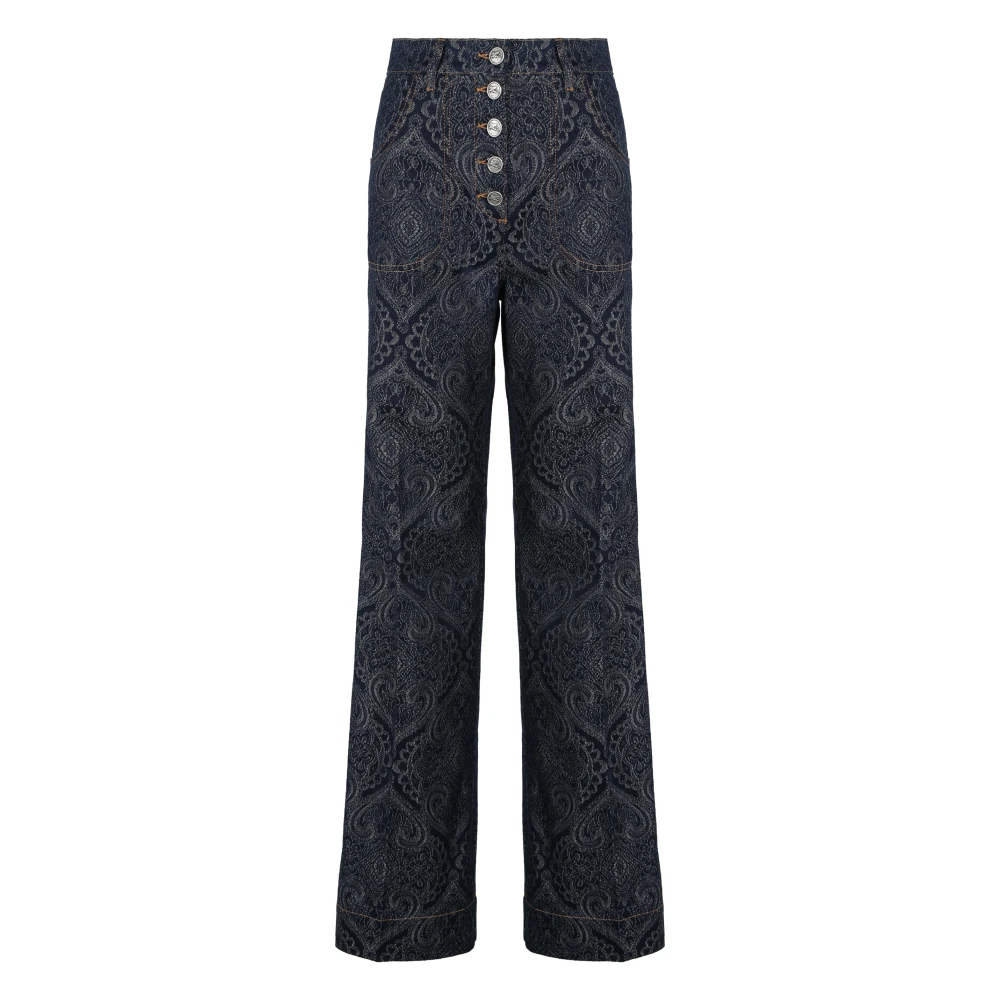 Etro Women's Blue Flared Jacquard Denim Jeans With Pegaso Buttons