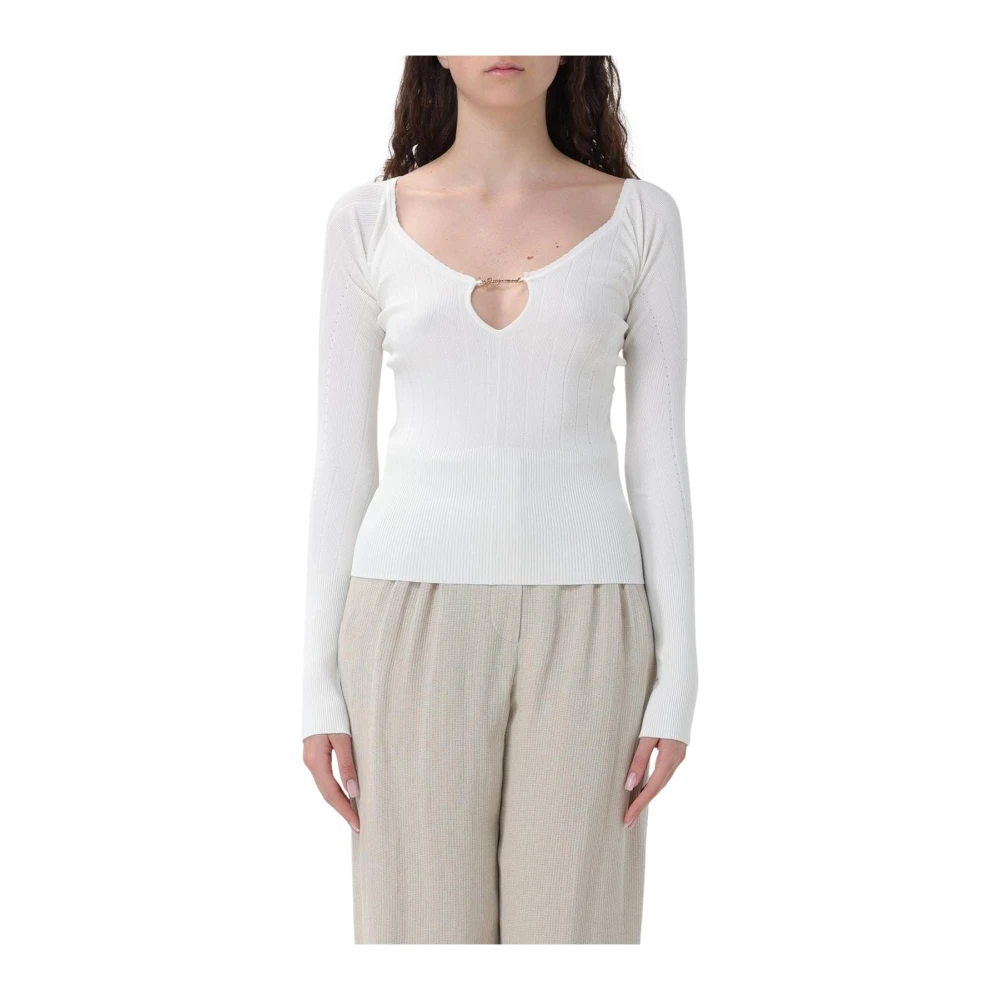 Jacquemus White V-Neck Knitwear, Female, M, Ribbed Knit Keyhole Jumper