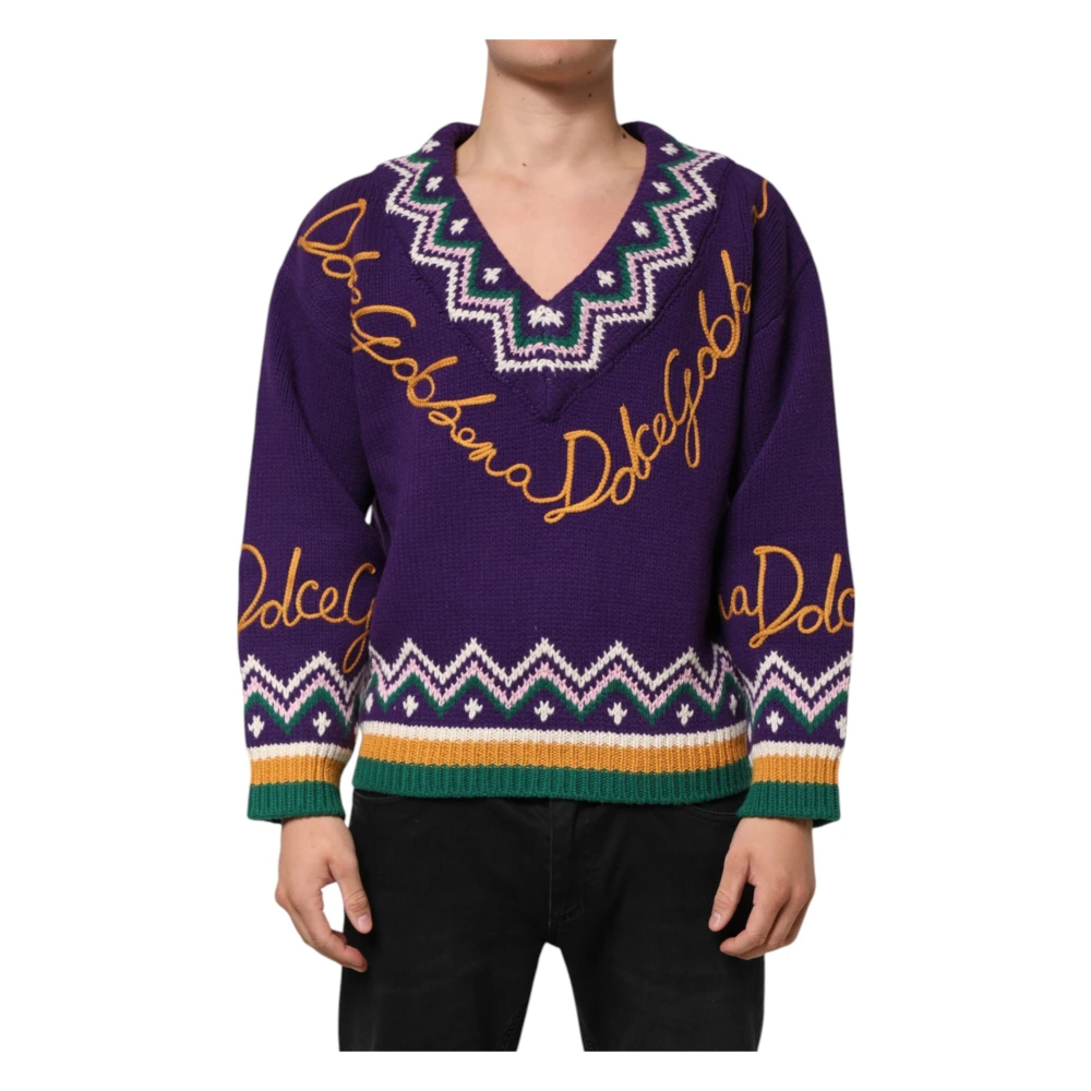 Dolce & Gabbana Mannelijk Purper Paarse Wol Dg Logo Gebreide Trui