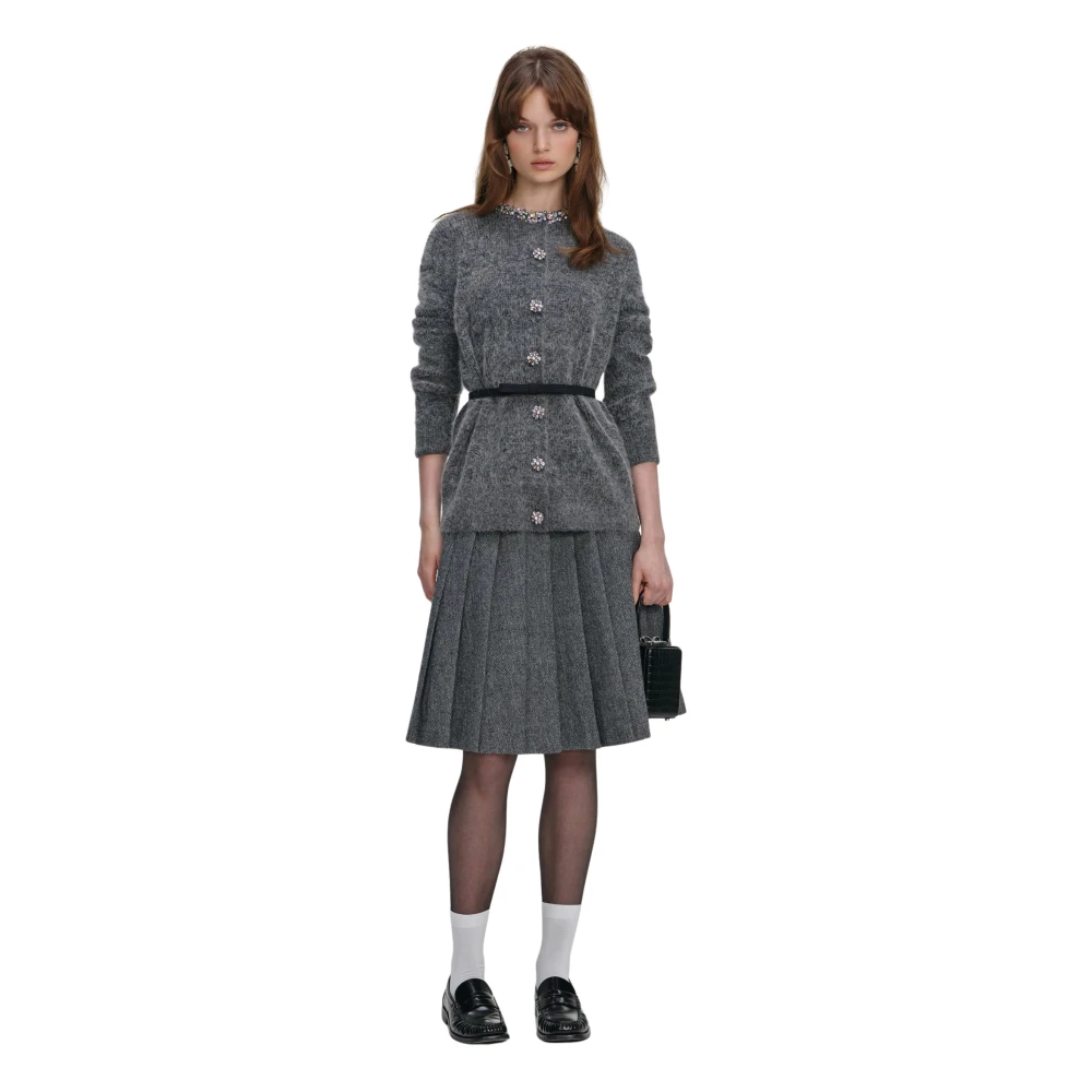Self Portrait Women's Gray Midi Dresses, Xs, Crystal Trim Cardigan