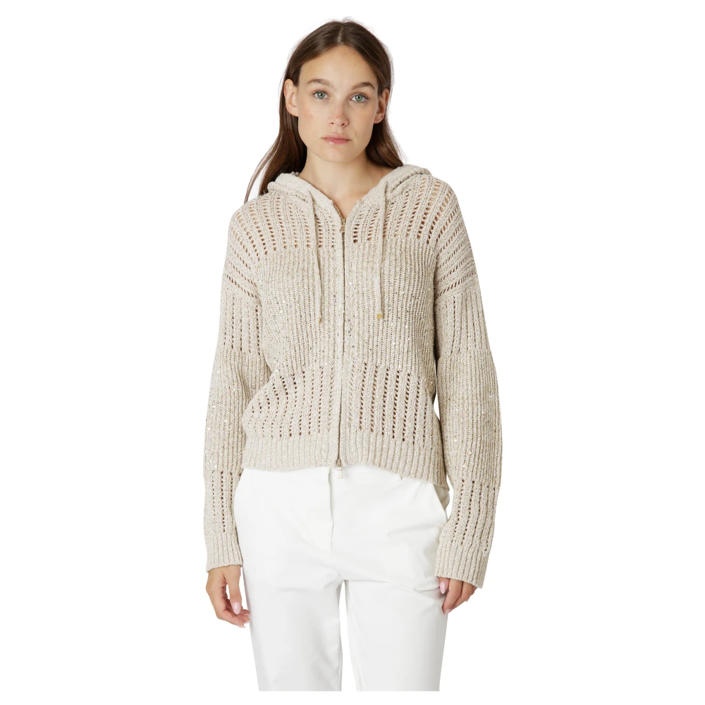 Eleventy Gestreepte Hoodie met Volledige Rits Beige Dames