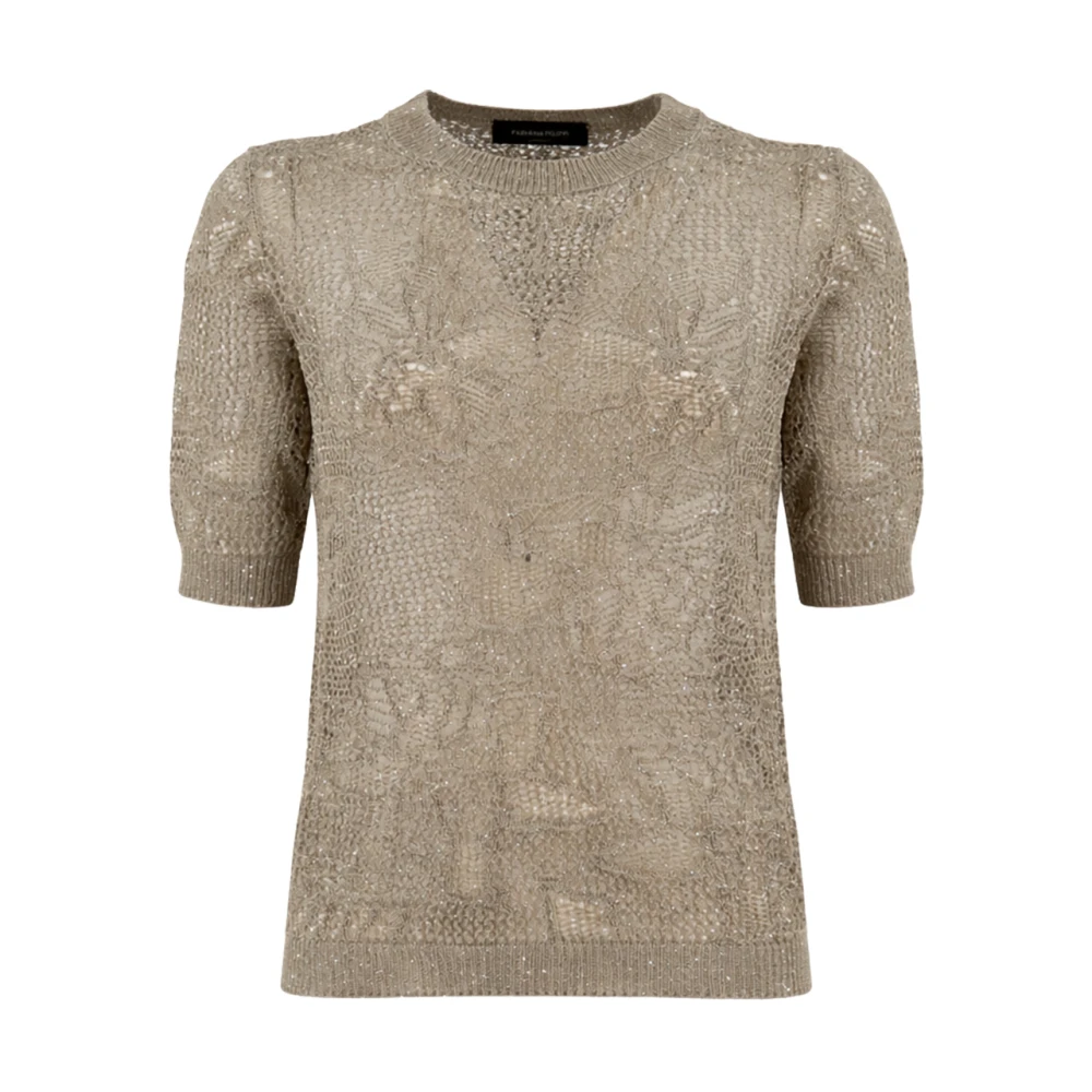 Fabiana Filippi Green Round-Neck Knitwear, Female, L, Openwork Short-Sleeve Jumper