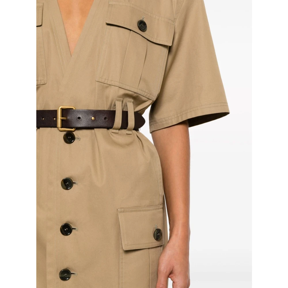 Saint Laurent Beige Katoenen Twill Jurk met Bruin Leren Riem Beige Dames