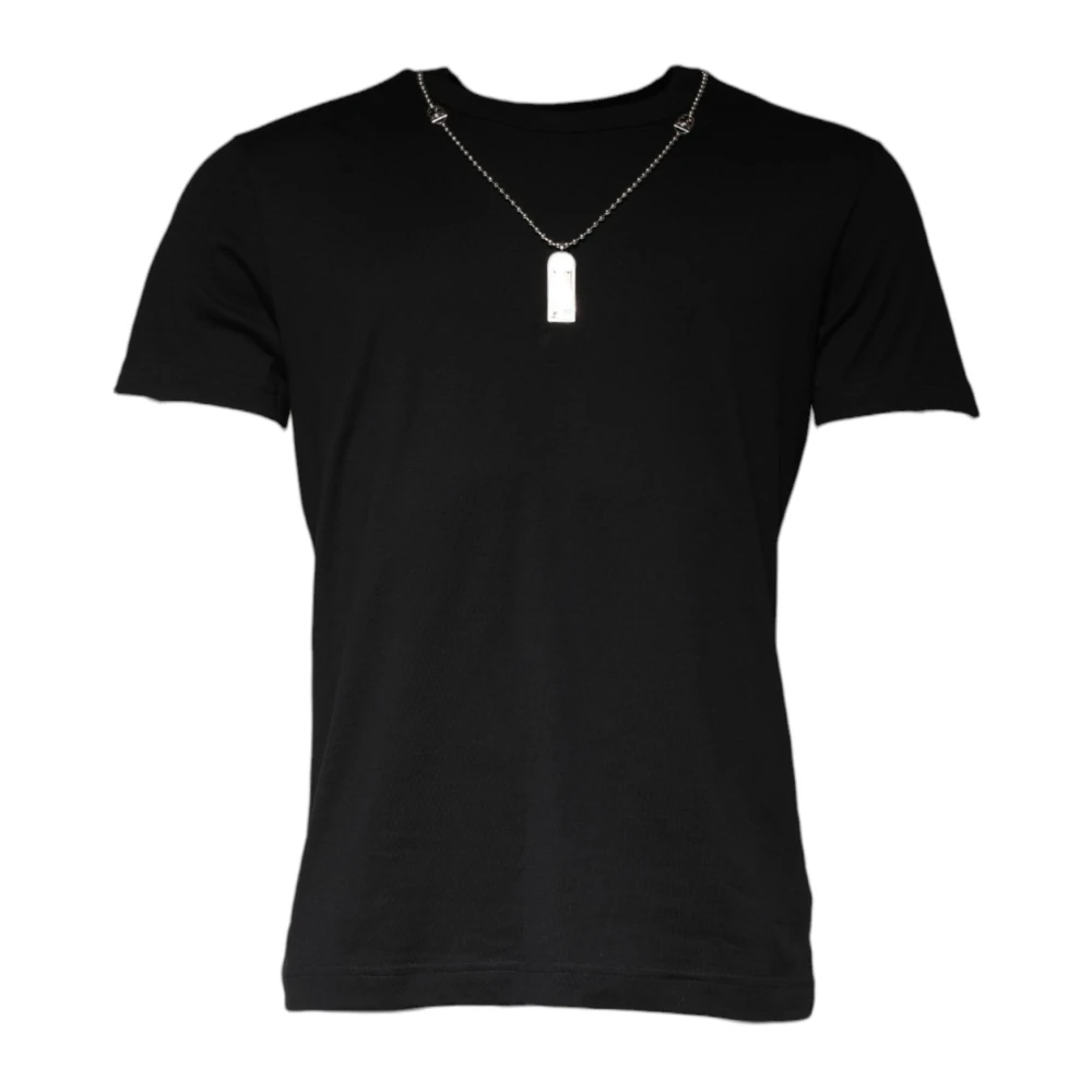 Dolce & Gabbana Svart Bomull T-shirt med Halsband Dekoration Black, Herr