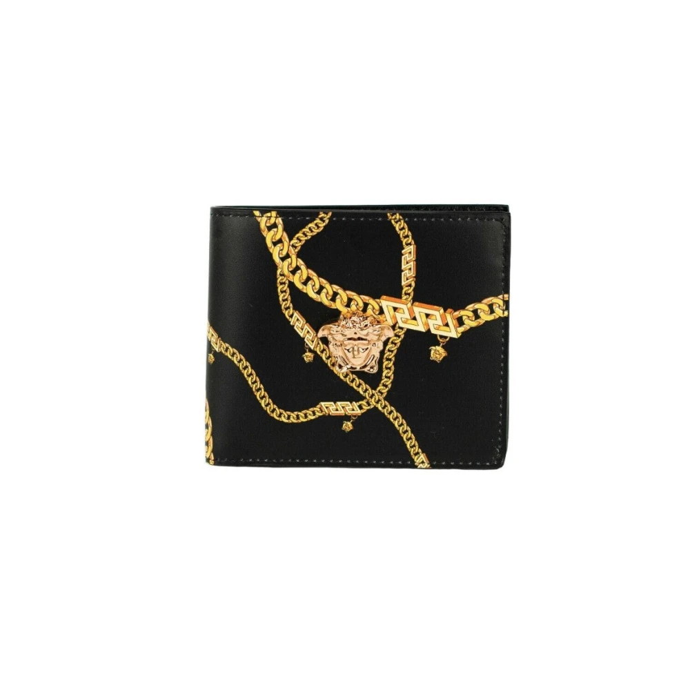 Versace Black Smooth Leather Gold Medusa Head Chain Logo Bifold Organizer Wallet Svart Herr