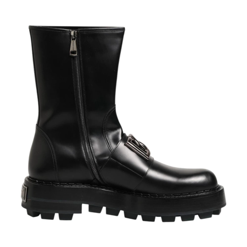 Dolce & Gabbana Men's Black Ankle Boots, 10 Uk, Logo Plaque Biker Boots