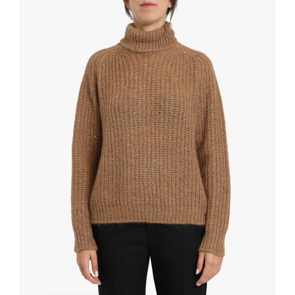 Herno Alpaca Blend Sequin Trui Hoge Kraag Brown Dames