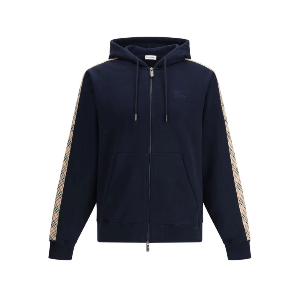 Burberry Men's Blue Zip-Throughs, S, Check Trim Cotton Zip Hoodie