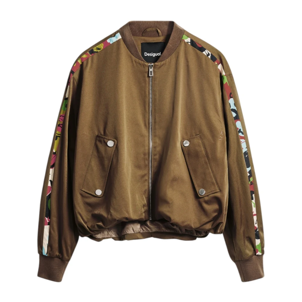 Desigual Print Mandarin Kraag Rits Jas Vrouwen Brown Dames