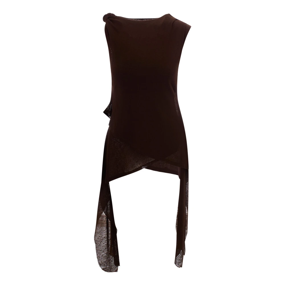 Ganni Women's Brown Sleeveless Tops, S, Marl Mesh Tie Knot Tank Top