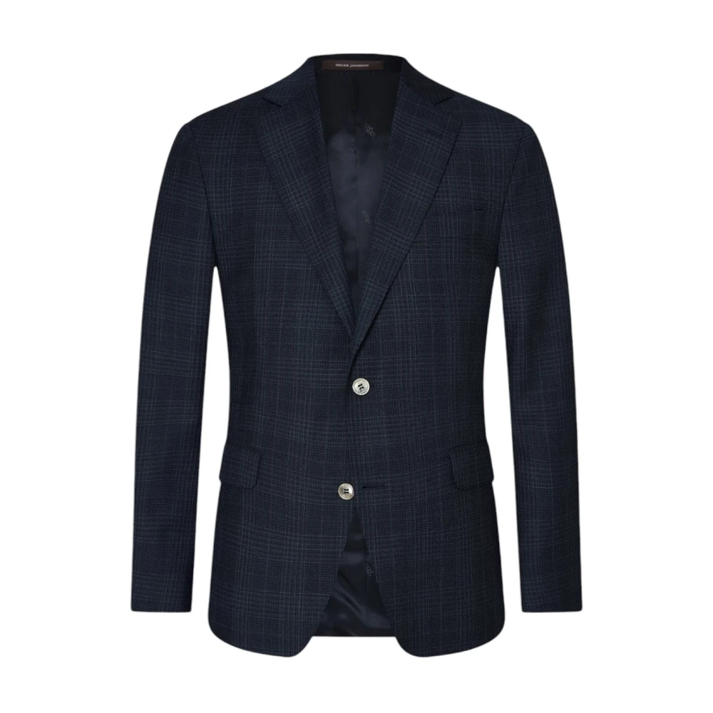 Oscar Jacobson Navy Geruite Blazer Regular Fit Blue Heren