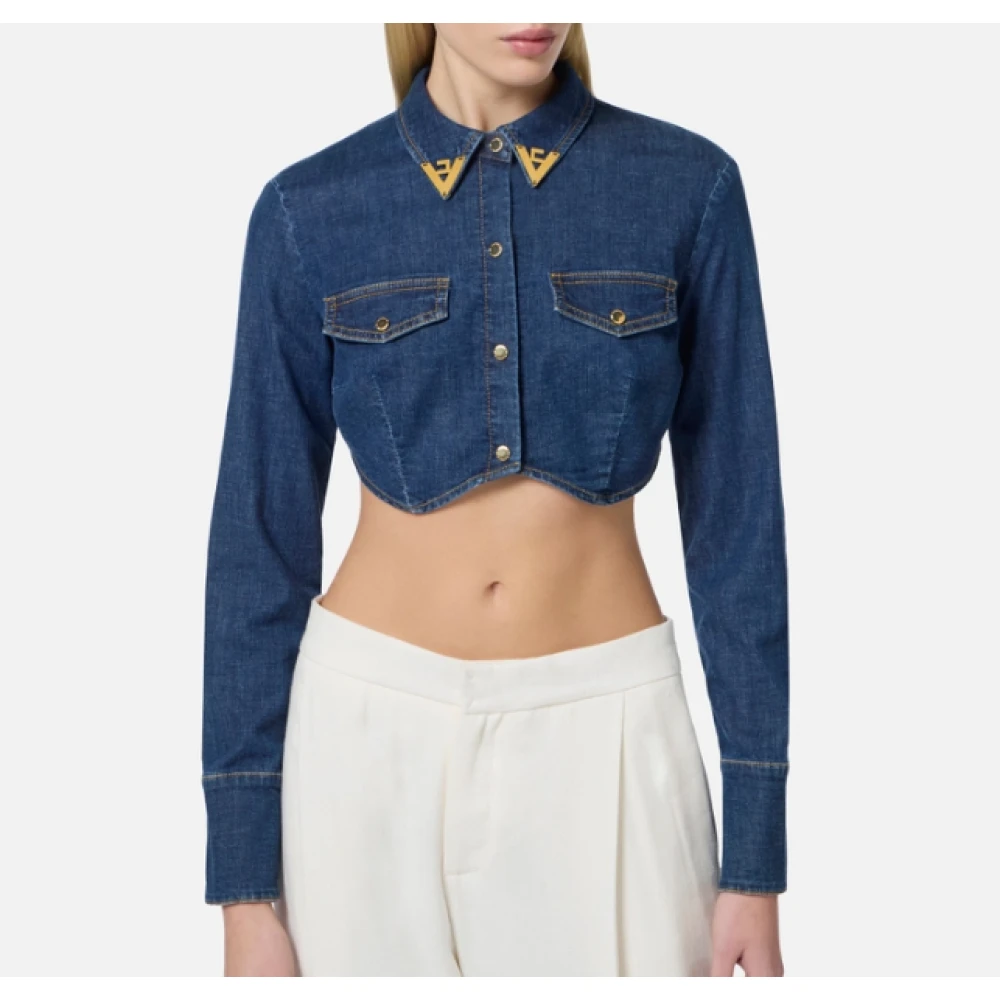 Elisabetta Franchi Blauwe Denim Cropped Shirt met Juweel Details Blue Dames