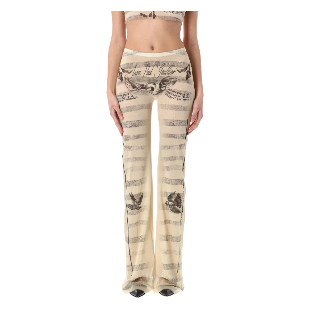 Jean Paul Gaultier Mesh Tattoo Mariner Broek in Ecru Zwart Rood Beige Dames