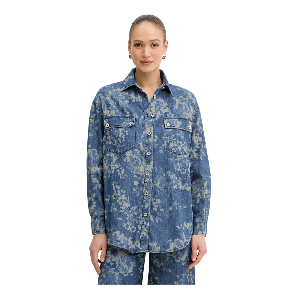 Fracomina Donna Blu - Camicia In Denim Con Stampa Floreale - Blouses & Shirts - L