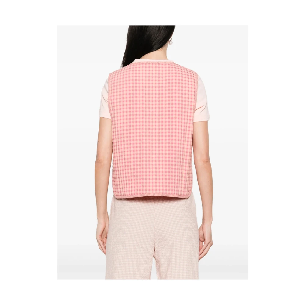 Maison Labiche Gingham Check Sleeveless Waistcoat Pink Dames