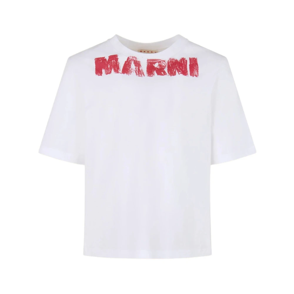Marni Men's White T-Shirts, M, Logo Embroidery Round Neck T-Shirt