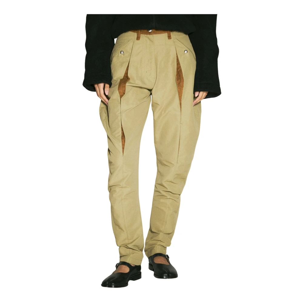 Kiko Kostadinov Women's Beige Straight Trousers, S, Corduroy Trim Tapered Trousers