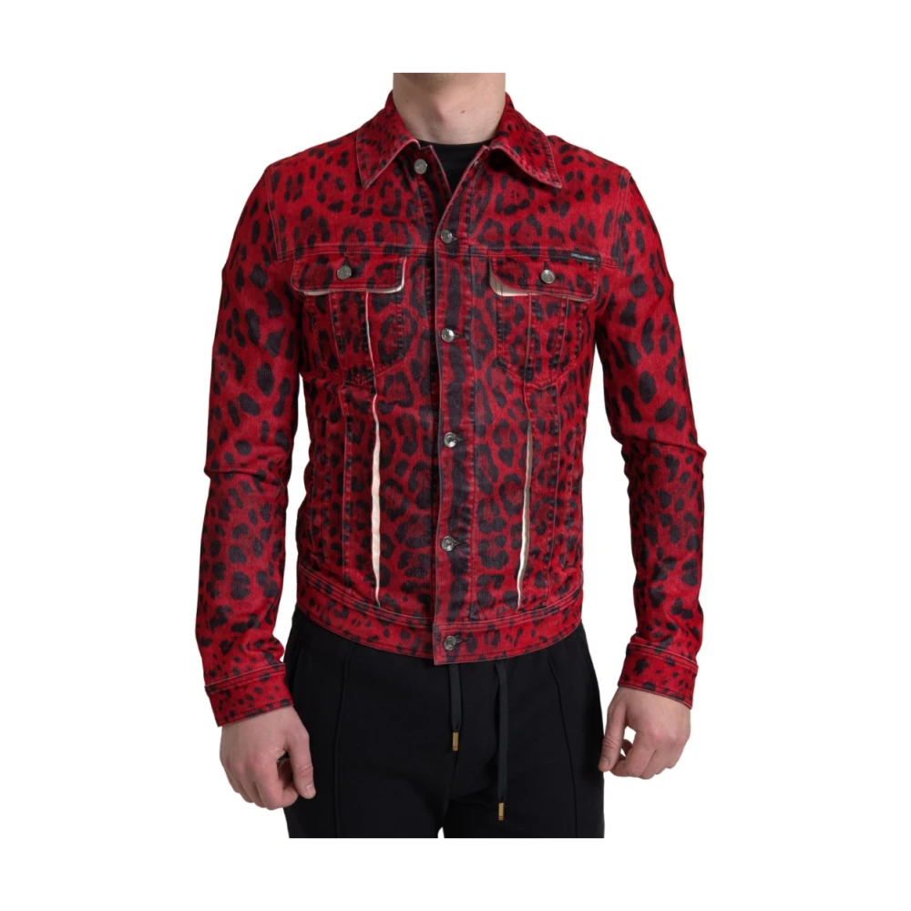 Dolce & Gabbana Leopard Print Kraag Denim Jas Red Heren
