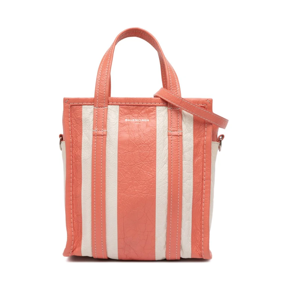 Balenciaga Vintage Women's Pink Pre-Owned Striped Leather Tote Bag