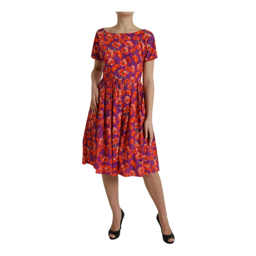 Dolce & Gabbana Klaproos Print Zijden A-Lijn Jurk Multicolor Dames