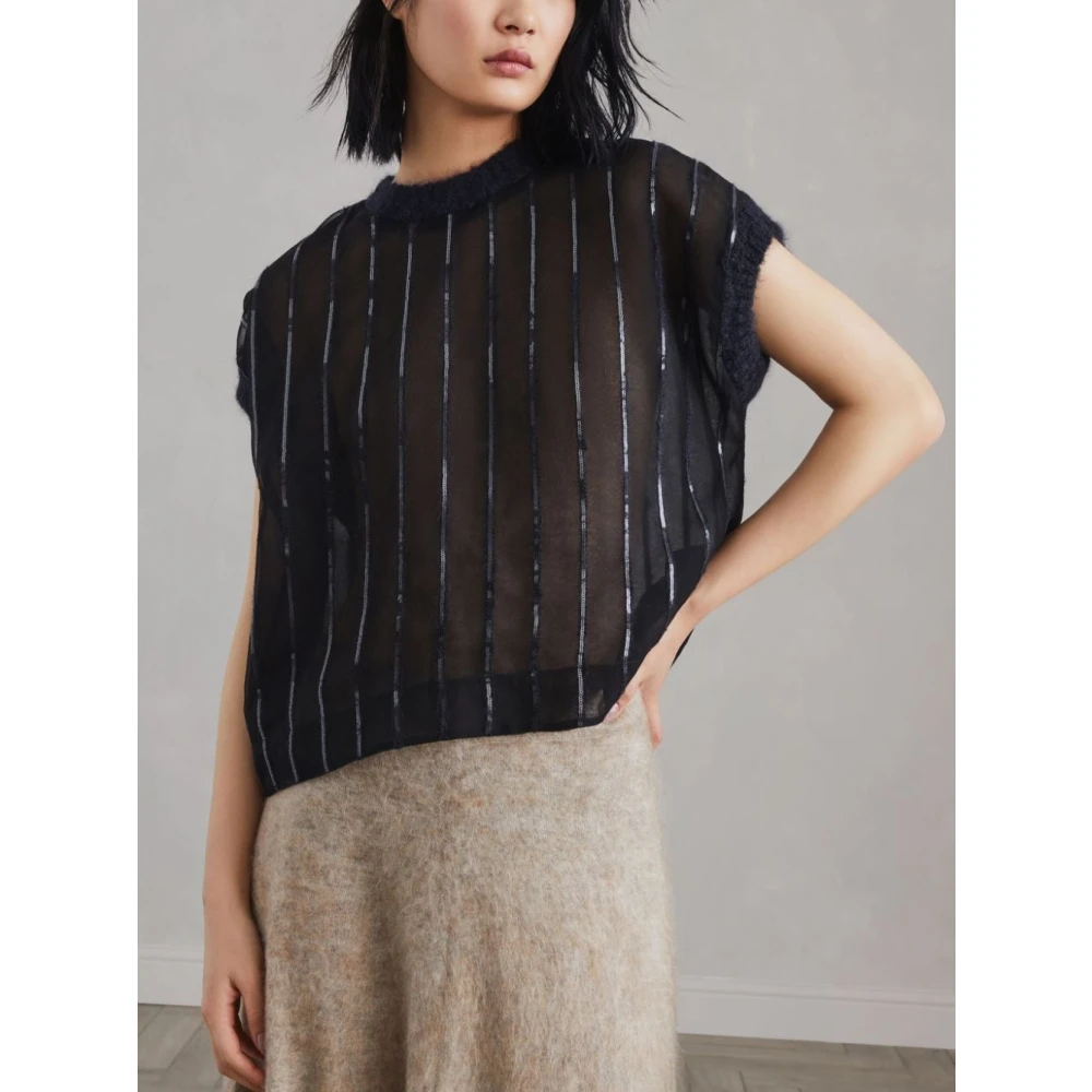 BRUNELLO CUCINELLI Zwarte Zijden Paillet Streep Shirt Black Dames