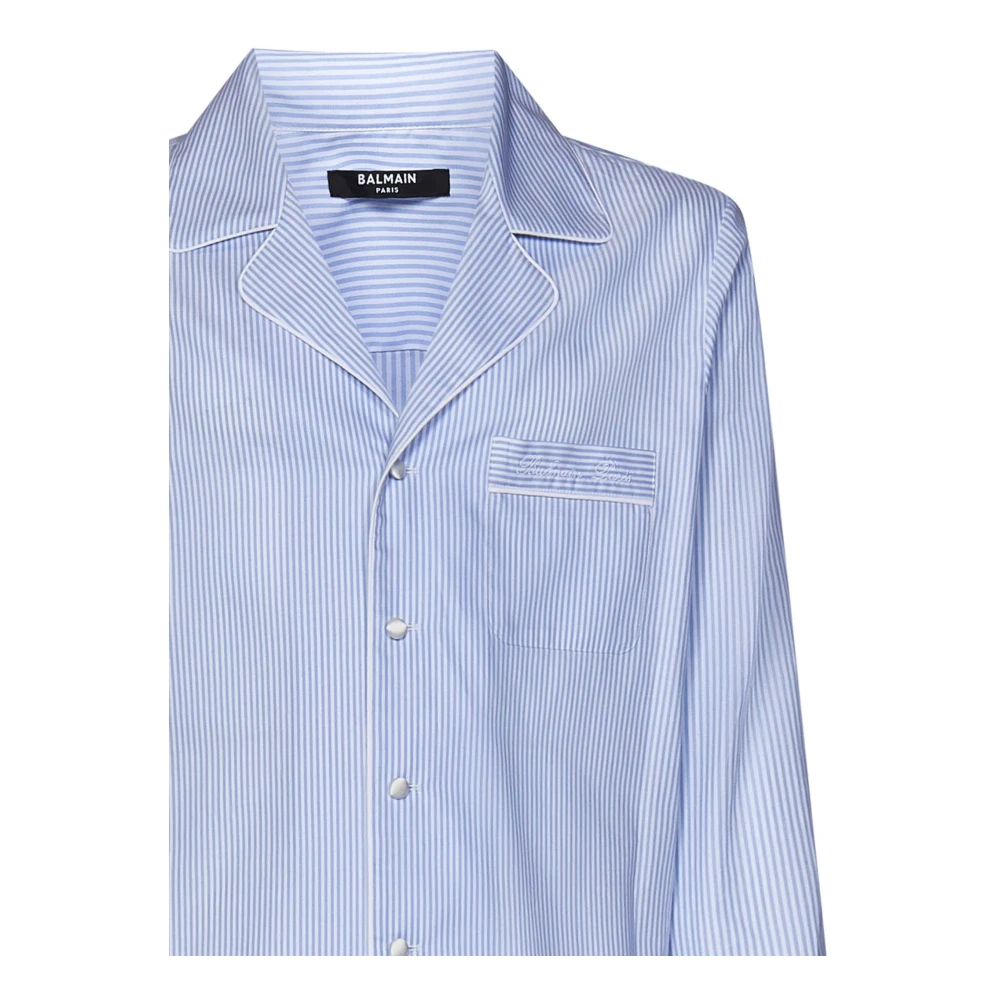 Balmain Blauwe Pyjama-Stijl Katoenen Poplin Overhemd Blue Heren